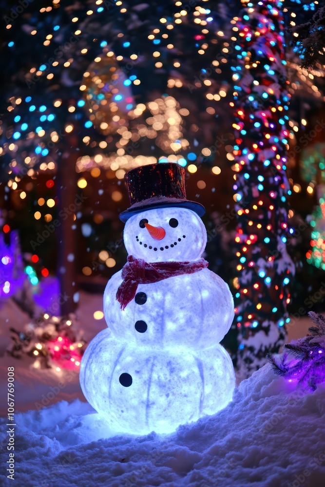 A cheerful snowman in a winter wonderland filled with twinkling lights and falling snowflakes, creating a magical atmosphere. A cheerful snowman in a winter wonderland filled with twinkling lights and falling snowflakes, creating a magical atmosphere.