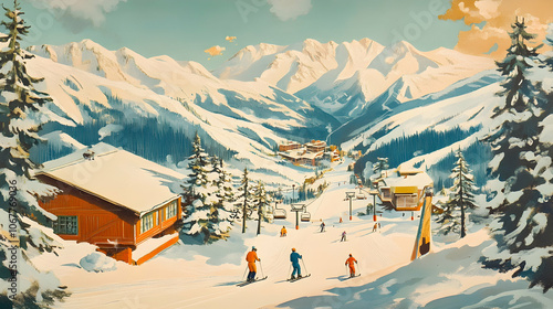 Vintage ski resort illustration featuring skiers, chairlift, and snowy mountain scenery on a bright day .illustration