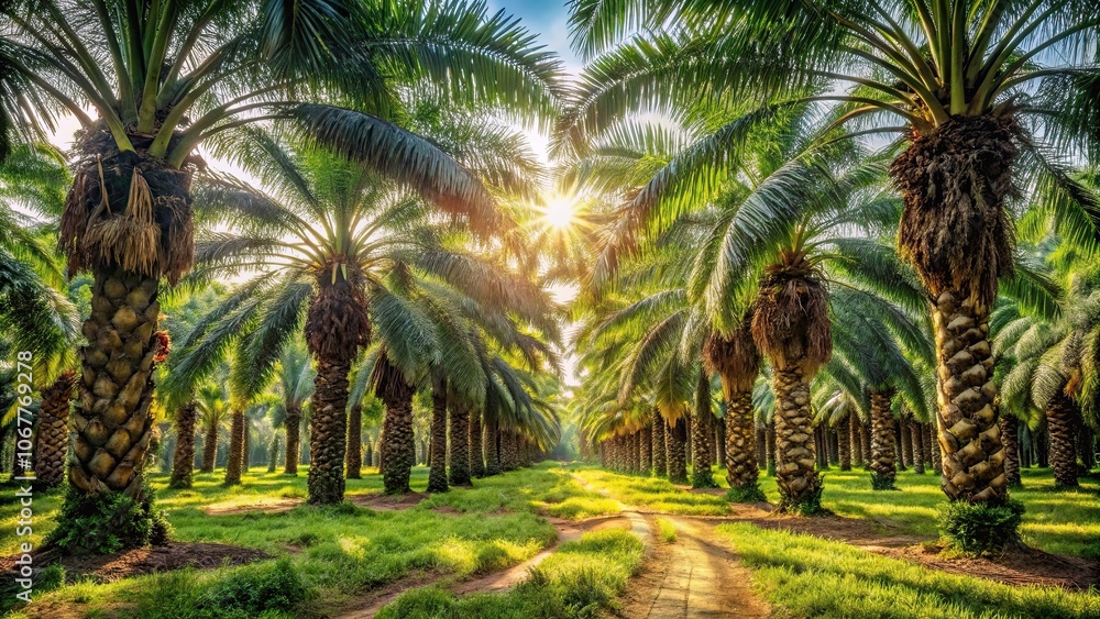 Obraz premium Close-up of oil palm plantation with rows of trees under sunlight , agriculture, plantation, tropical, industrial, farming