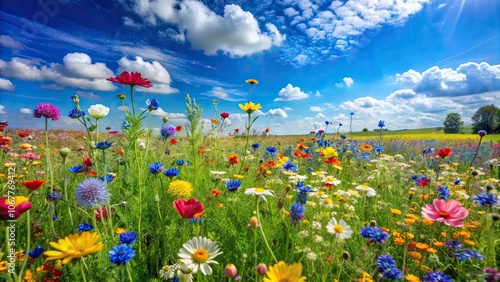 Vibrant summer field with wildflowers and blue sky, wildflowers, field, meadow, summer, vibrant, colorful, sunny, nature