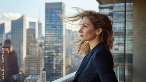 Businesswoman on Office Balcony with City View