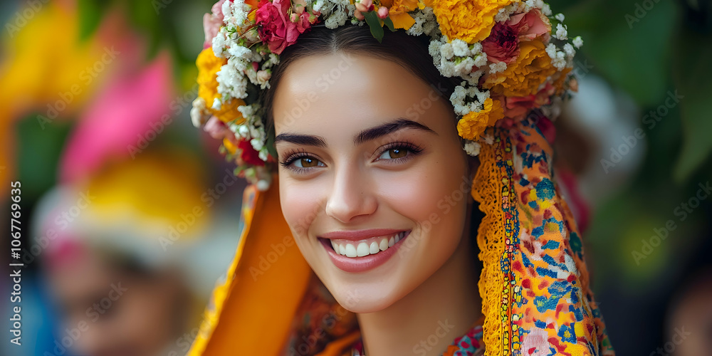 Woman smiling in traditional attire with floral details, celebratory mood . illustration Woman smiling in traditional attire with floral details, celebratory mood . illustration