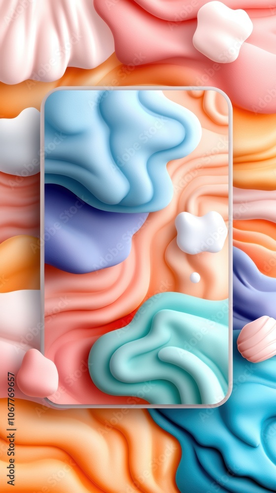 A colorful abstract background featuring soft, wavy shapes in pastel tones surrounding a rectangular frame. A colorful abstract background featuring soft, wavy shapes in pastel tones surrounding a rectangular frame.