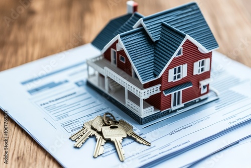 Miniature wooden house model with keys on real estate background a detailed close up shot