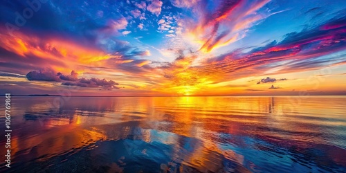 Vibrant sunset over the calm sea with colorful reflections , sunset, sea, ocean, sky, beauty, nature, vibrant, colors, peaceful