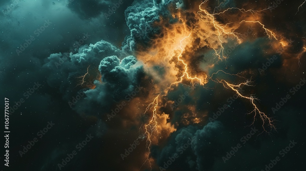 Obraz premium Golden Lightning Strikes Through Teal and Orange Clouds in a Starry Night Sky