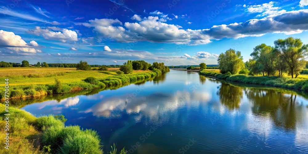 Scenic river landscape with expansive blue skies, river, landscape, nature, outdoors, blue skies, serene, peaceful, tranquility Scenic river landscape with expansive blue skies, river, landscape, nature, outdoors, blue skies, serene, peaceful, tranquility