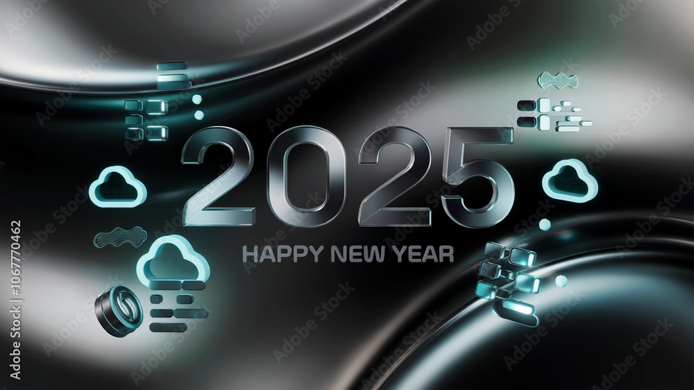 Fototapeta premium bold 2025 with happy new year text with cloud symbols and abstract geometric shapes