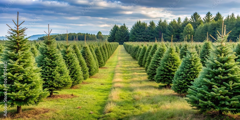 Obraz premium Christmas trees standing in rows on a tree farm, festive, holiday, winter, agriculture, seasonal, landscape, rural