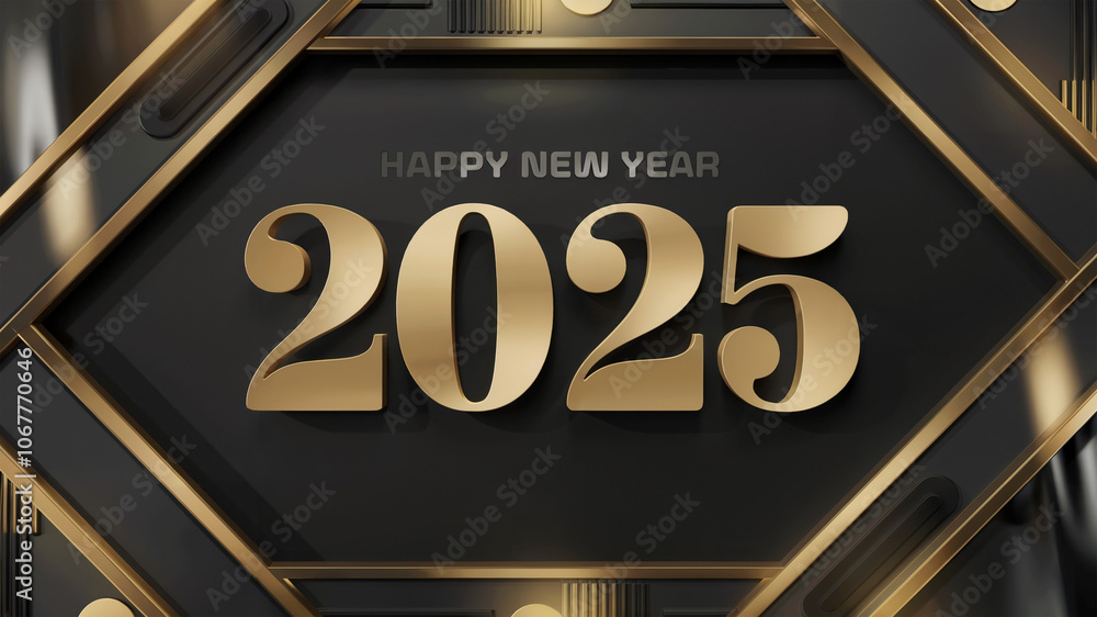 Obraz premium 2025 in golden letters with happy new year text with matte black background having geometrical frame