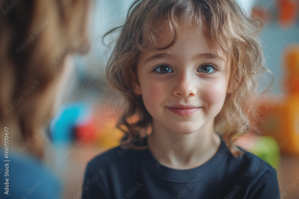 a child talking to a child psychologist with toys in the background. a child talking to a child psychologist with toys in the background.