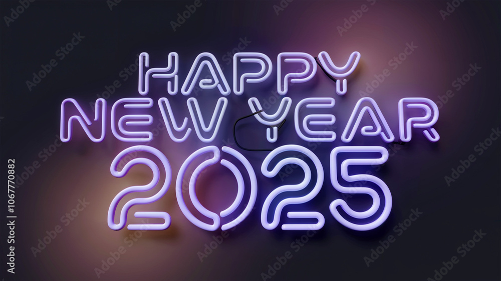 2025 written by purple lights with happy new year text and black color background 2025 written by purple lights with happy new year text and black color background