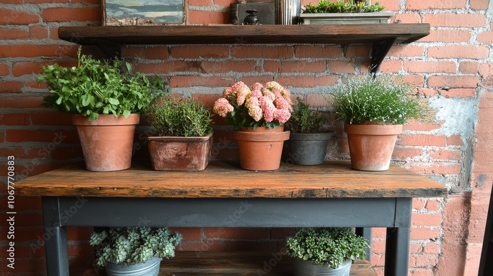 Charming Rustic Display of Potted Plants on Shelf Charming Rustic Display of Potted Plants on Shelf