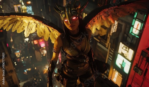 A female harpy with the head of an eagle and the body of a cyberpunk woman. She has glowing red eyes and large yellow feathered wings spread out behind her. The city is lit up with neon lights. photo