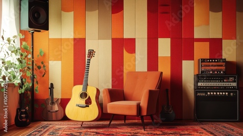 A retro-style home music studio with a guitar, amplifier, and armchair against a colorful wall. photo