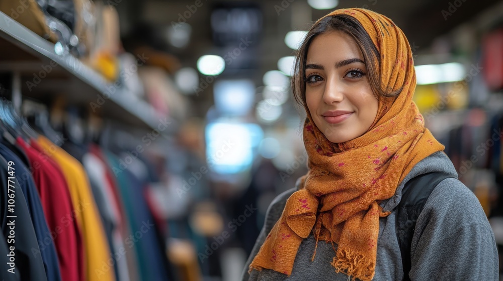 Middle-Eastern woman in a clothing store exploring colorful garments during a busy shopping day Middle-Eastern woman in a clothing store exploring colorful garments during a busy shopping day