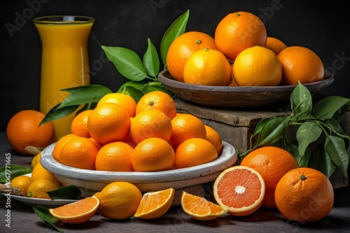 Freshly Squeezed A Bowl of Oranges, Glass of Juice, and Scattered Citrus Fruits on Rustic Table