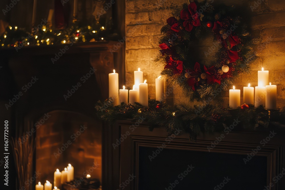 A Christmas wreath on a wall above a warmly lit fireplace with candles. A Christmas wreath on a wall above a warmly lit fireplace with candles.