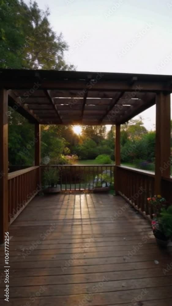 Peaceful morning scene with a hardwood deck, shaded by a pergola in a lush garden oasis. Peaceful morning scene with a hardwood deck, shaded by a pergola in a lush garden oasis.