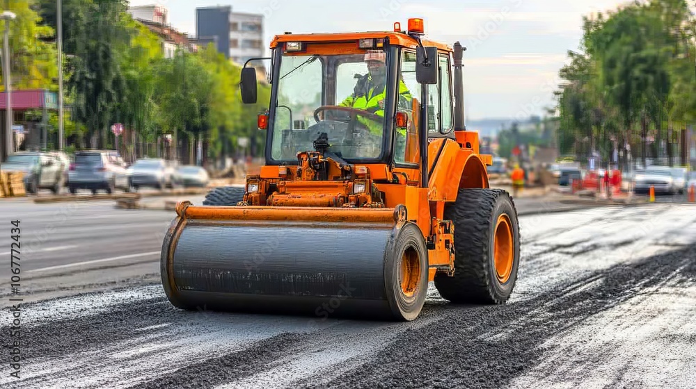 Heavy Vibration Roller Compactor Pressing New Asphalt on the Roadway at a Construction Site Heavy Vibration Roller Compactor Pressing New Asphalt on the Roadway at a Construction Site