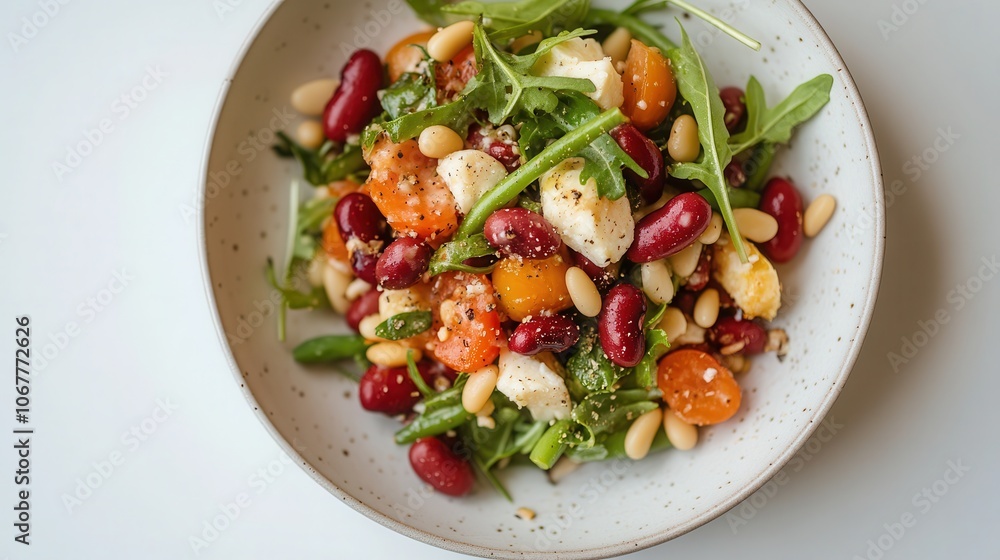 A delicious salad with red beans, green beans, and pine nuts served on a white plate against a clean backdrop A delicious salad with red beans, green beans, and pine nuts served on a white plate against a clean backdrop