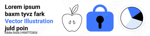 Apple doodle, blue padlock, pie chart accompanied by placeholder text Lorem ipsum. Ideal for educational materials, technology, security, data analysis, presentations, graphic design, and posters