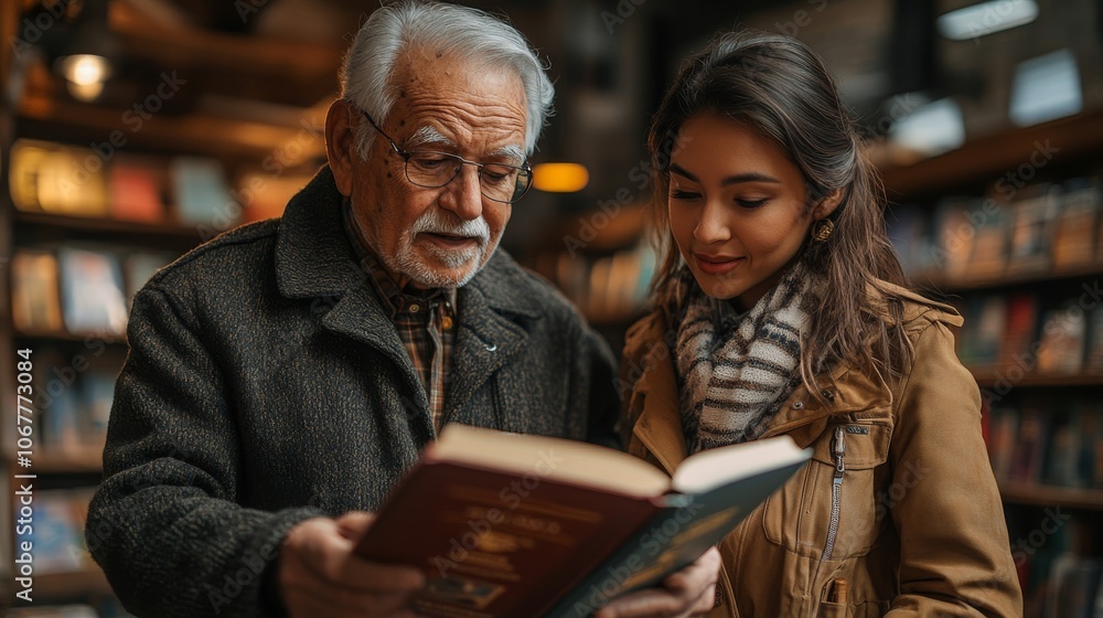 Elderly Hispanic male consultant helps young woman find a book in a cozy library Elderly Hispanic male consultant helps young woman find a book in a cozy library