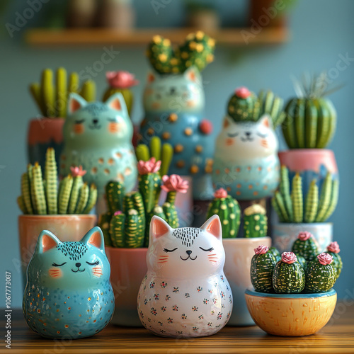 Colorful ceramic cat figurines surrounded by various cacti in stylish pots, creating a charming and inviting indoor plant display.