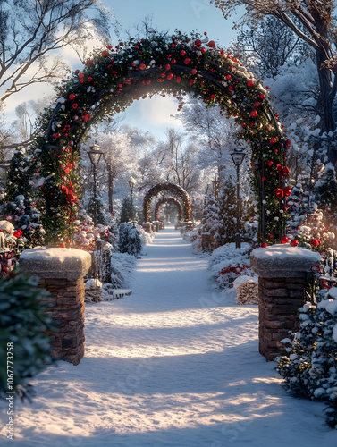 Victorian garden stone arch decorated for Christmas with snowfall and winter atmosphere
