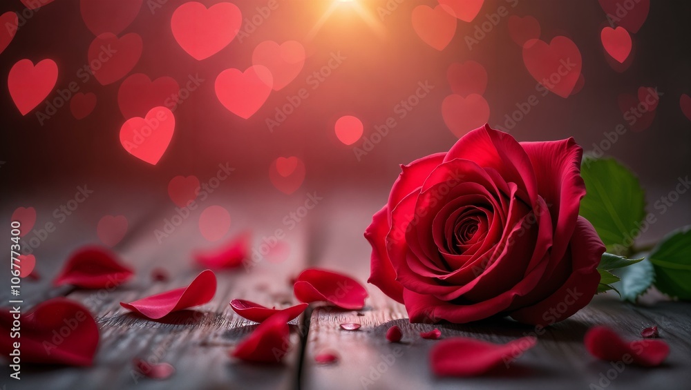 Valentine's day background with hearts, petals and blooming red rose lying on a wooden table. Blurred bokeh shiny background. Beautiful greeting card Valentine's day background with hearts, petals and blooming red rose lying on a wooden table. Blurred bokeh shiny background. Beautiful greeting card
