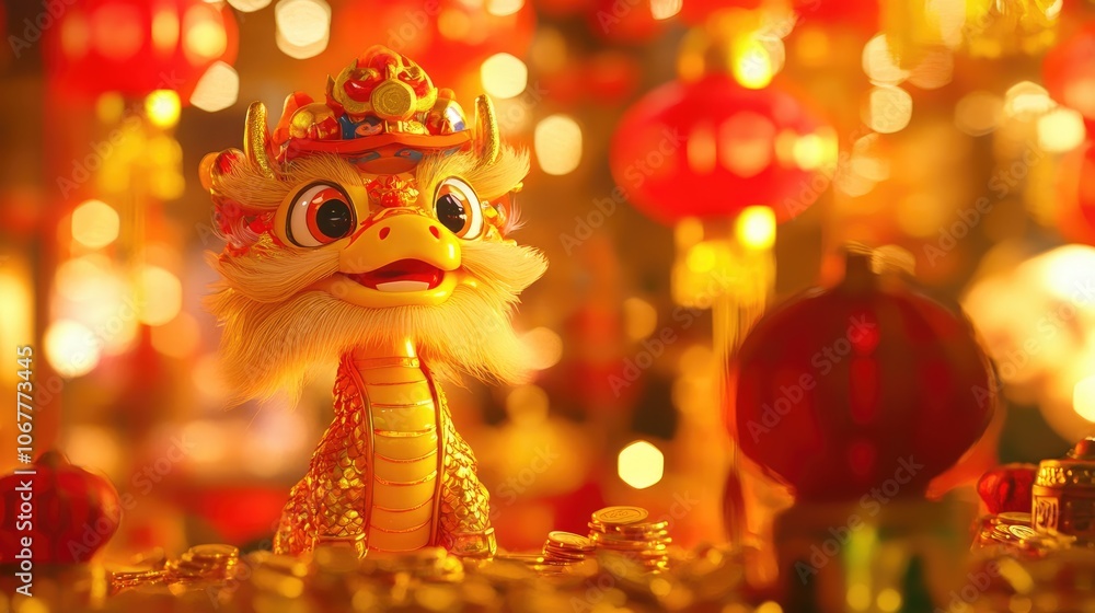 Colorful Dragon Toy with Lanterns in Background Colorful Dragon Toy with Lanterns in Background