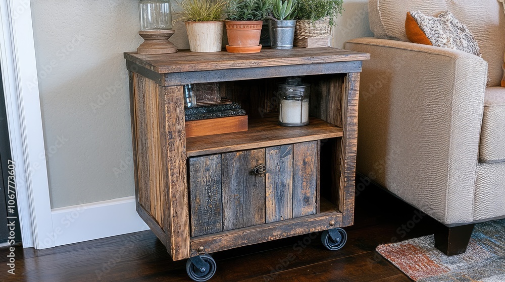 Rustic wooden cart with plants and decor Rustic wooden cart with plants and decor
