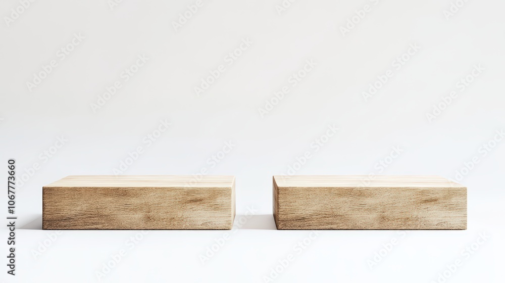 A minimal and simple design featuring two rectangular wooden podiums side by side on an empty white background A minimal and simple design featuring two rectangular wooden podiums side by side on an empty white background