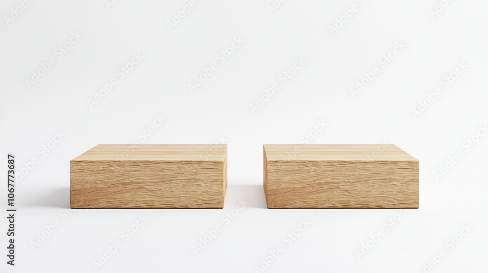 A minimal and simple design featuring two rectangular wooden podiums side by side on an empty white background A minimal and simple design featuring two rectangular wooden podiums side by side on an empty white background