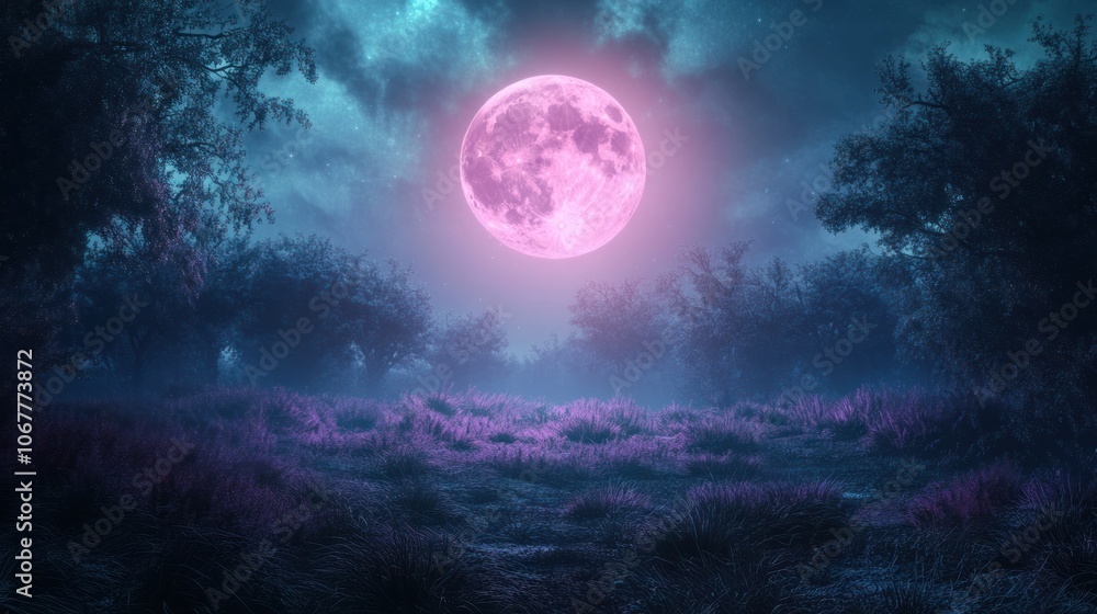 Pink Moon in a Mystical Forest