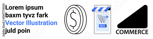 Dollar coin symbol, shopping cart in storefront on smartphone, and Commerce black triangle are primary elements. Ideal for business, finance, e-commerce, marketing, online shopping, retail, mobile