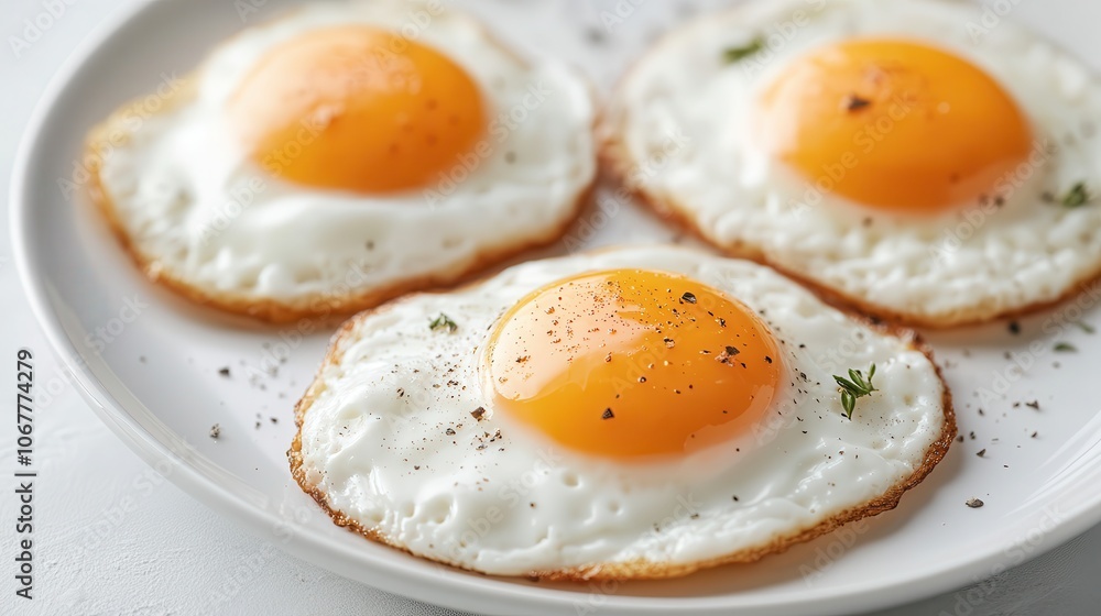 A delectable assortment of perfectly fried eggs on a white plate against a minimalistic background for a delightful breakfast experience A delectable assortment of perfectly fried eggs on a white plate against a minimalistic background for a delightful breakfast experience