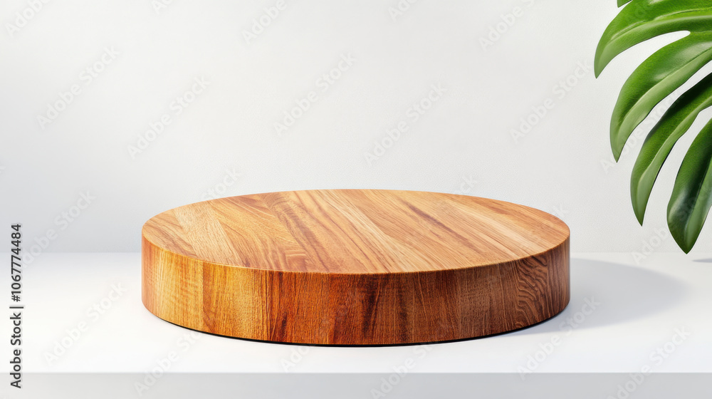 Product display for ads, low profile wooden pedestal with smooth finish, perfect for display. natural grain adds warmth to any setting, complemented by green plant Product display for ads, low profile wooden pedestal with smooth finish, perfect for display. natural grain adds warmth to any setting, complemented by green plant