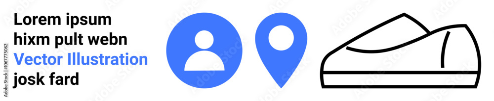 Lorem ipsum placeholder text, blue user profile icon, blue location map pin, black outline shoe. Ideal for web design, apps, branding, e-commerce, fashion, navigation, user experience. Landing page Lorem ipsum placeholder text, blue user profile icon, blue location map pin, black outline shoe. Ideal for web design, apps, branding, e-commerce, fashion, navigation, user experience. Landing page