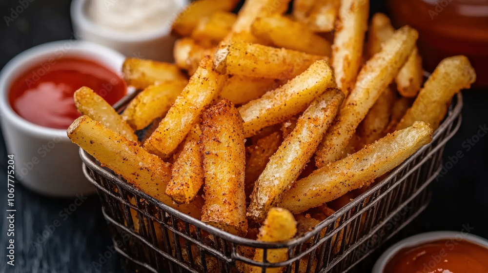 Crispy seasoned French fries in rustic basket with dipping sauces Crispy seasoned French fries in rustic basket with dipping sauces