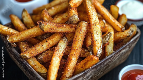 Crispy seasoned French fries in rustic basket with dipping sauces