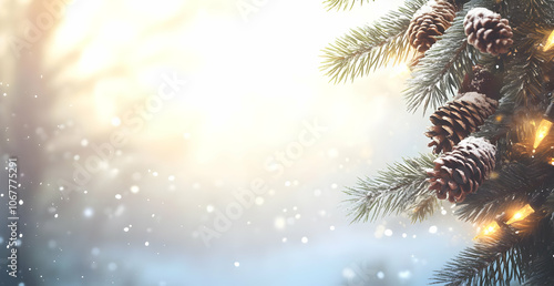 Holiday image background - A serene winter scene with pinecones and snowflakes, evoking a festive atmosphere.