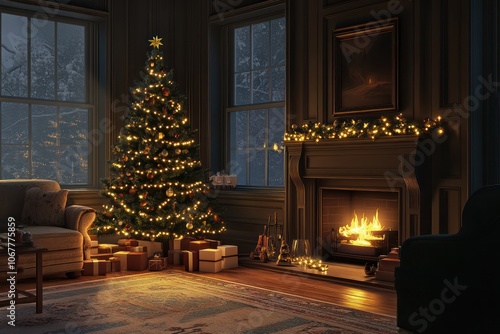 Wallpaper Mural A cozy fireplace scene with a Christmas tree decorated with lights, capturing the holiday warmth. Torontodigital.ca