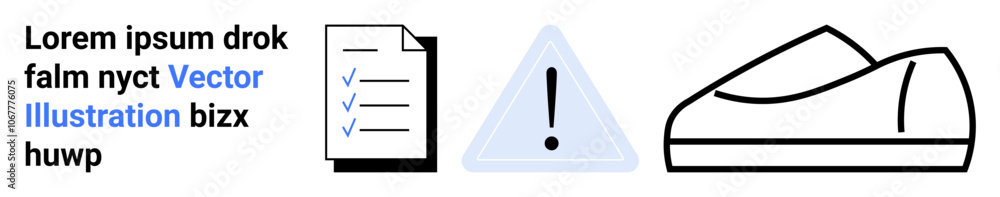 Checklist with three check marks, triangular warning icon with exclamation mark, and casual shoe silhouette. Ideal for website design, instruction manuals, safety guidelines, fashion websites, task Checklist with three check marks, triangular warning icon with exclamation mark, and casual shoe silhouette. Ideal for website design, instruction manuals, safety guidelines, fashion websites, task