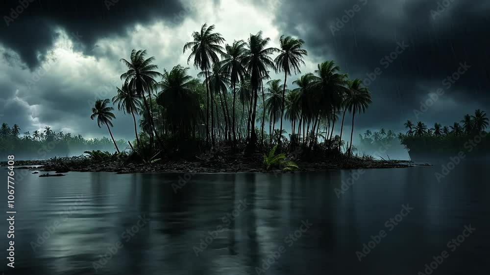 A small island with palm trees in the middle of a stormy ocean. A small island with palm trees in the middle of a stormy ocean.