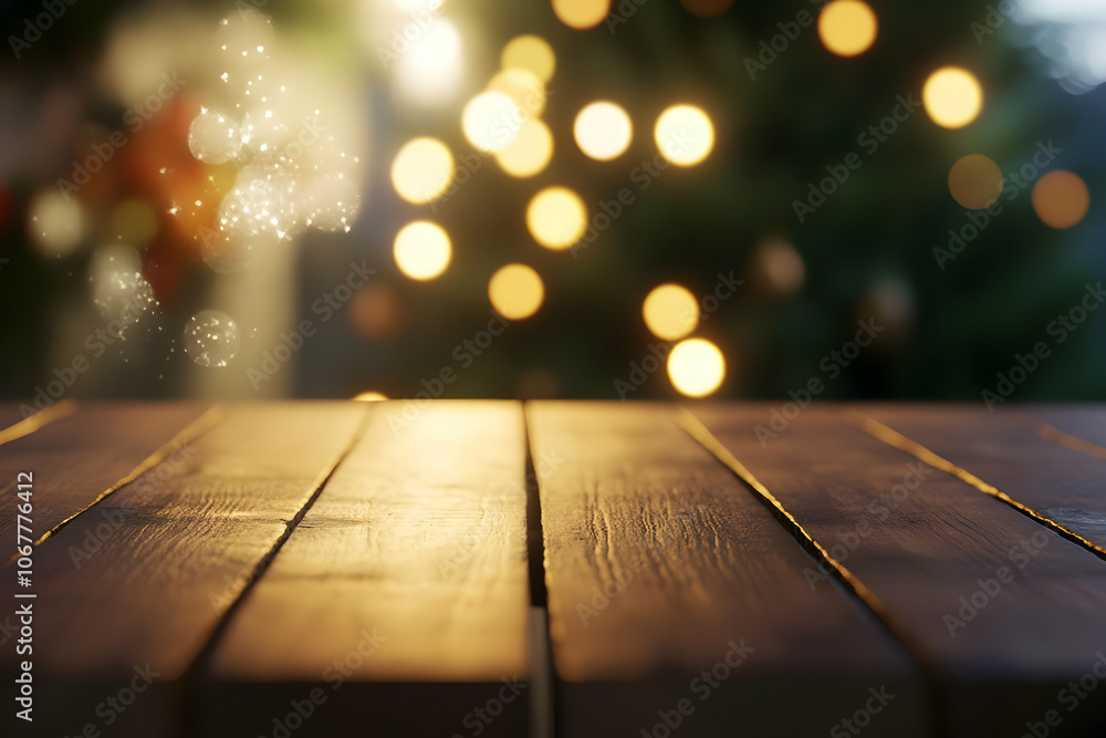 Holiday image background - A wooden table in front of a softly lit Christmas tree with glowing bokeh lights. Holiday image background - A wooden table in front of a softly lit Christmas tree with glowing bokeh lights.