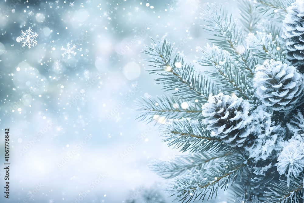 Holiday image background - A serene winter scene featuring snow-covered pine branches and softly falling snowflakes. Holiday image background - A serene winter scene featuring snow-covered pine branches and softly falling snowflakes.