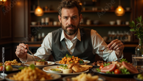 A Man Confidently Holding Fork and Knife in a Colorful Dining Setting Surrounded by Gourmet Dishes