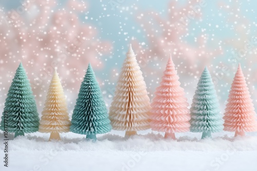 Small Christmas trees made of colorful sisal in different pastel colors, featuring red, pink, cream, and green trees on a white snow background