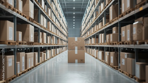 Wallpaper Mural A spacious warehouse filled with stacked cardboard boxes on shelves, showcasing a well-organized storage environment. Torontodigital.ca